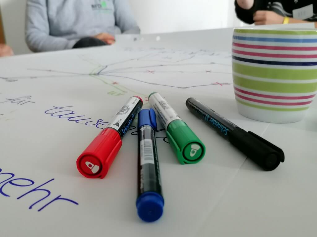 Marker pens and a mug on a poster with writing.